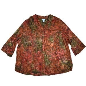 Liz Claiborne orange/green tie dye leaf print button up shirt top size 3X boho